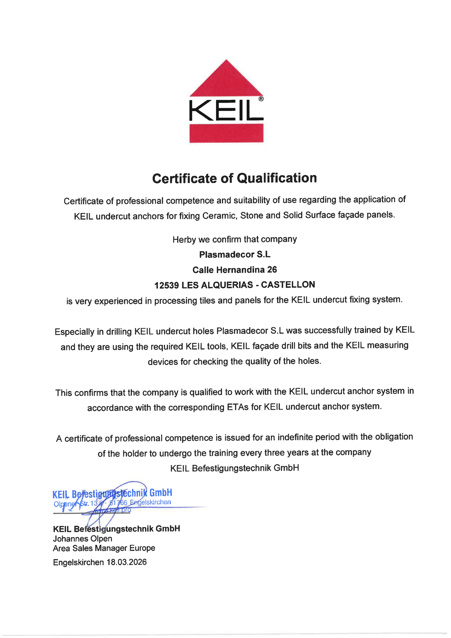 Certificate of Qualification — KEIL Befestigungstechnik GmbH